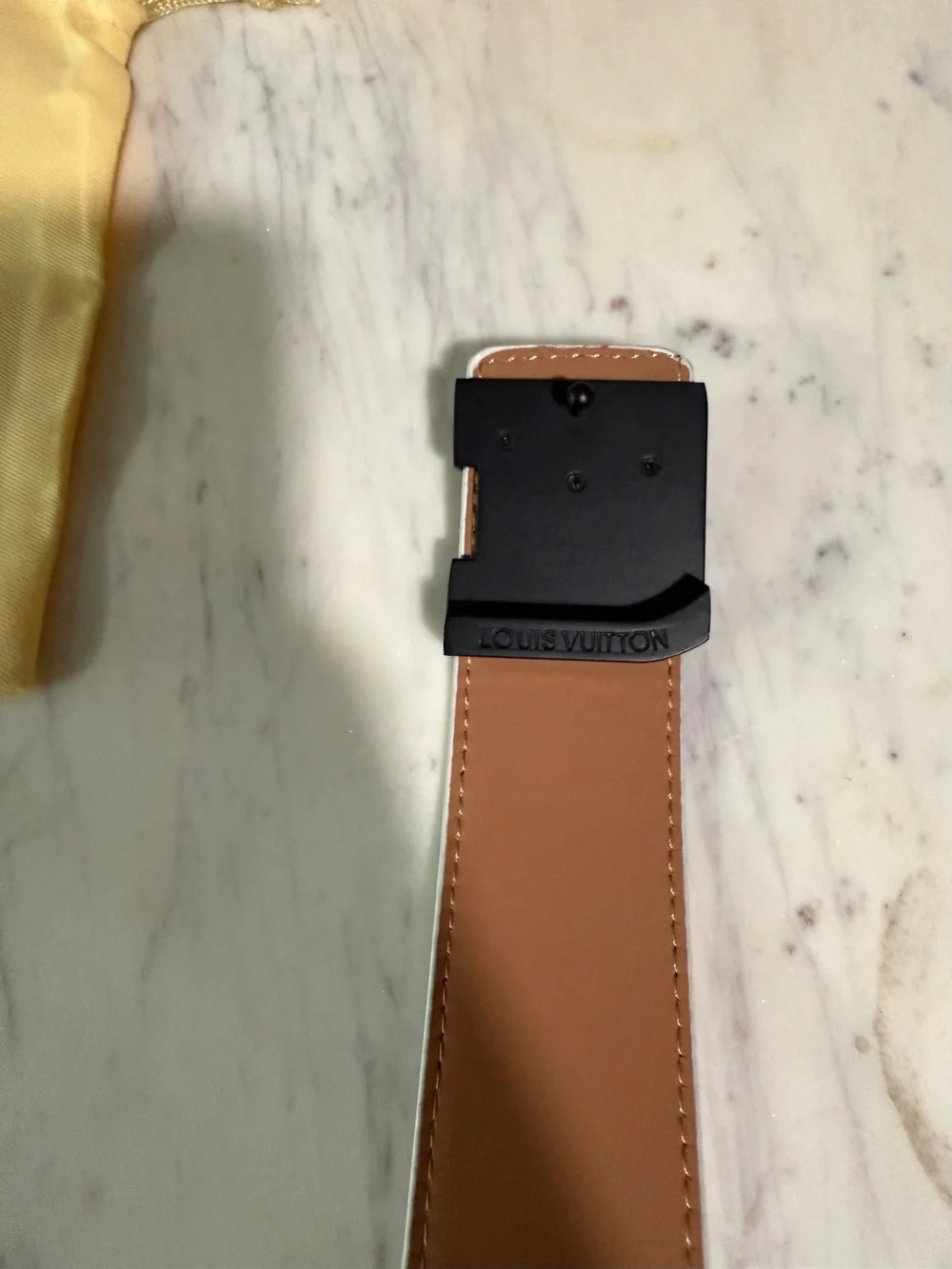 Louis Vuitton White Checkered Belt with Black LV Buckle